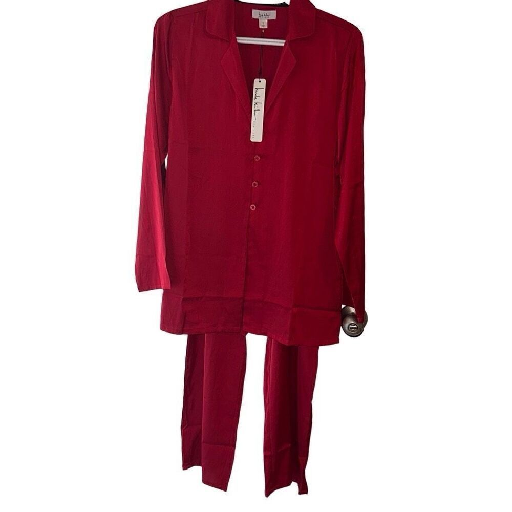 "NEW" Nicole Miller NY Red Long Sleeve Woven Satin 2Pc Pajama Set Ladies Small